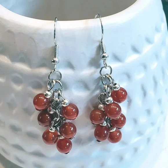Artisan Carnelian Red Gemstone Bead Dangle Silver Platinum Plated Earrings - Picture 1 of 10